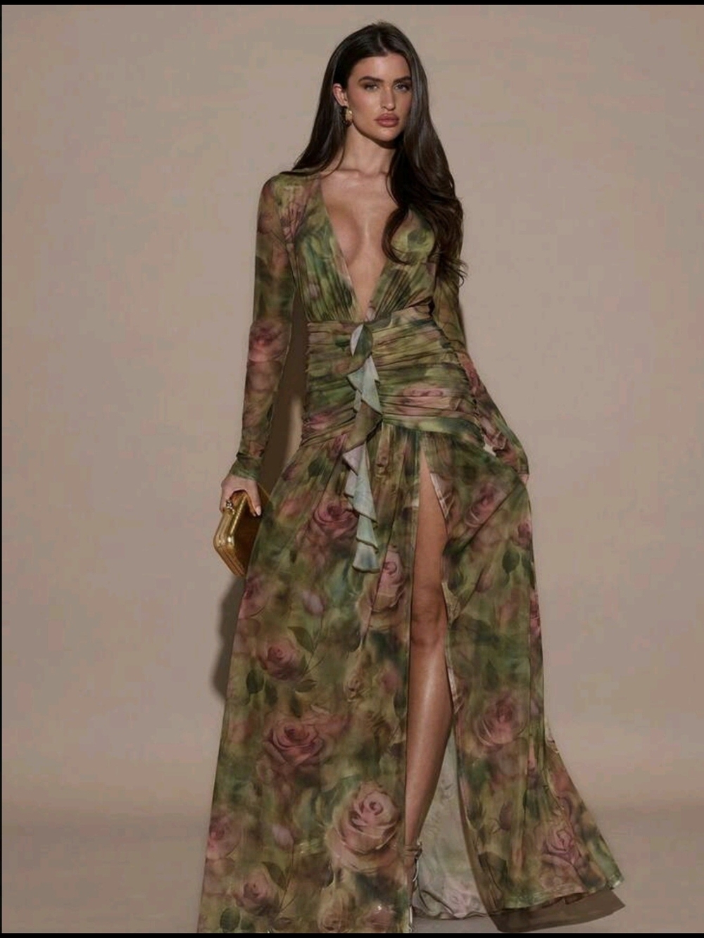 Source Unknown Olive Green Floral Deep V Maxi Dress
